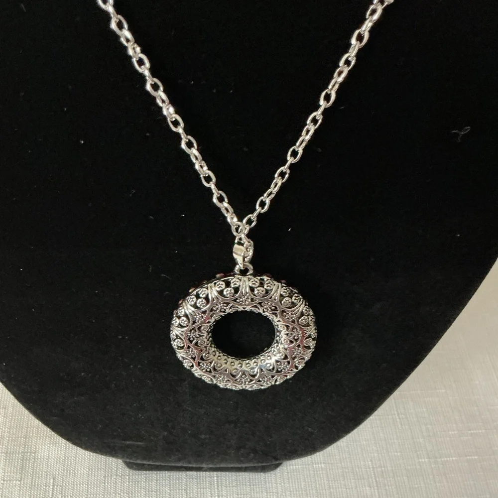 Pink Rhinestone Silver Tone Necklace and Pendant